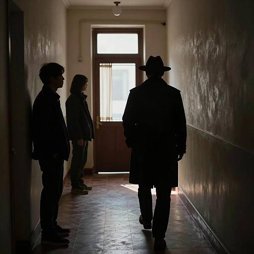 Mysterious Figures in a Dimly Lit Hallway