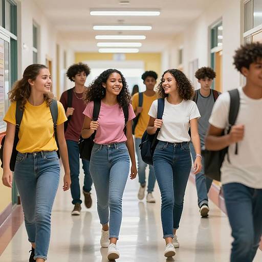 Photograph of diverse high school students walking down a brightly lit hallway, wearing casual clothes, backpacks, and smiling, with fluorescent lights overhead.