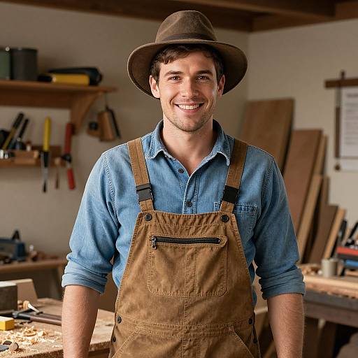 Photograph of smiling man in blue shirt and brown overalls, wearing a brown hat, standing in a woodworker's cluttered workshop.