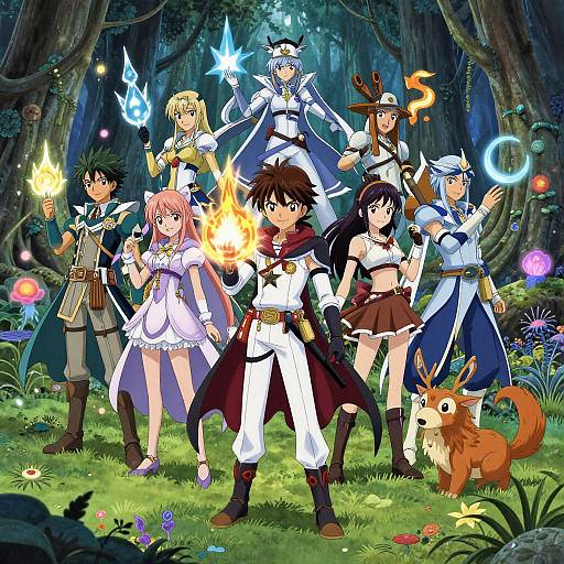 Anime-style digital illustration of a magical forest battle scene with seven characters, each wielding glowing weapons, surrounded by a glowing, enchanted forest.