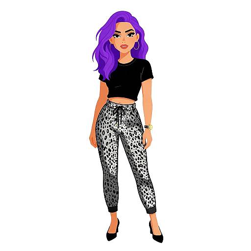 Digital illustration of a woman with purple hair, black crop top, and black-and-white leopard print pants, standing confidently in black heels. White background.