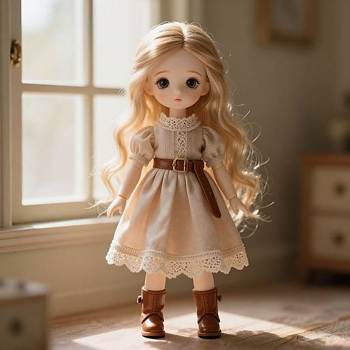Photograph of a porcelain doll with long blonde hair, wearing a cream lace dress, brown belt, and boots, standing in sunlight near a window.