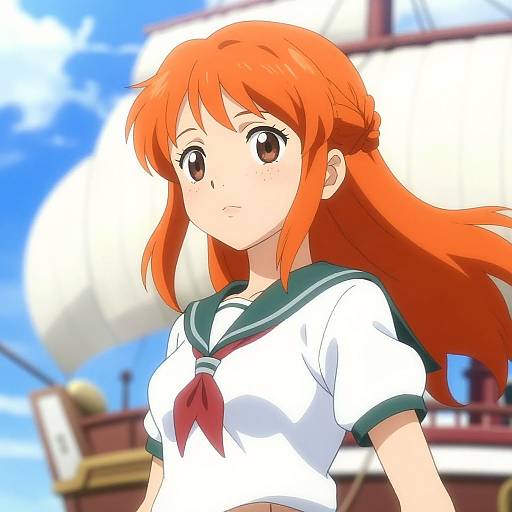Anime-style digital drawing of a red-haired girl in a white sailor uniform with green trim, standing outdoors against a bright blue sky and blurry ship background.