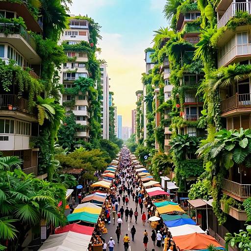 Photograph of a vibrant, sunlit urban alleyway lined with tall, green-covered apartment buildings, crowded with people under colorful umbrellas.