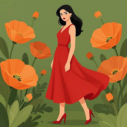 Digital illustration of a black-haired woman in a flowing red dress and red heels, standing amidst vibrant orange poppies against a green background.
