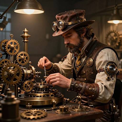 Photograph of a steampunk inventor with beard and goggles, adjusting intricate brass gears and clockwork machinery under warm industrial lighting.