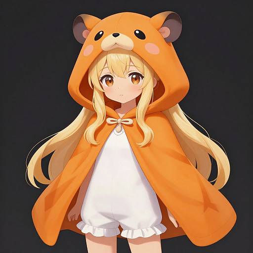 Anime-style digital drawing of a blonde girl with long hair, wearing an orange bear-ear hooded cloak over a white dress, against a dark background