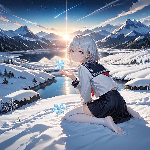 Anime Girl in Snowy Mountain Sunrise