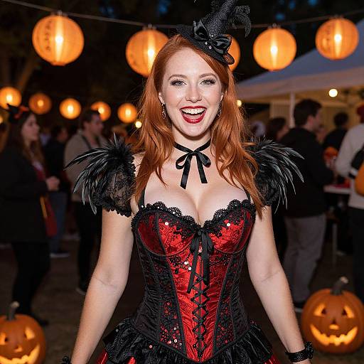 Photograph of a smiling red-haired woman in a black-and-red corset with feathered shoulders, black hat, and Halloween-themed outdoor event with glowing