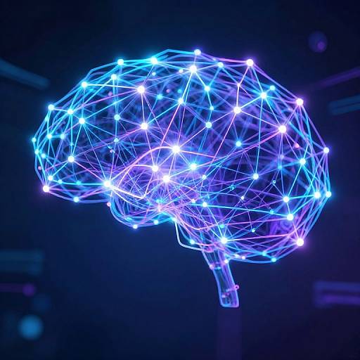 Neon blue and white wireframe 3D model of a human brain floating against a dark blue background, illuminated by glowing nodes.