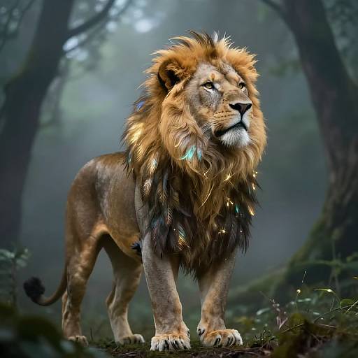 Digital illustration of a majestic lion with a golden mane adorned with colorful feathers, standing proudly in a misty forest.