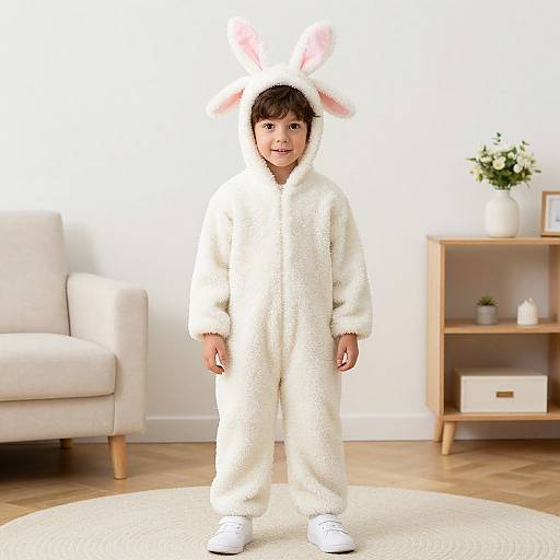 Photograph of a young boy in a white, fluffy bunny onesie with pink ears, standing in a bright living room.