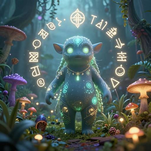 Digital fantasy artwork of a glowing blue, elf-like creature with neon symbols, standing in a mystical forest of glowing mushrooms.