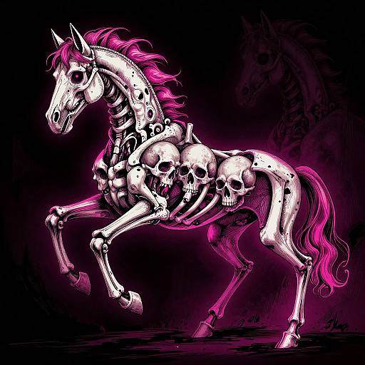 Digital illustration of a skeletal, magenta-maned horse with skulls and bones integrated into its body, illuminated against a dark background.