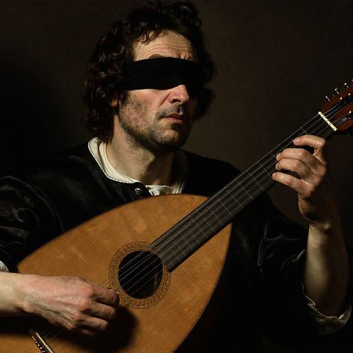 Photograph of a blind man with curly dark hair and beard, wearing a black shirt, playing a wooden acoustic guitar against a dark background.