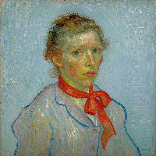 Expressionist oil painting of a light-skinned woman with brown hair, wearing a white shirt and red scarf, against a textured blue background.