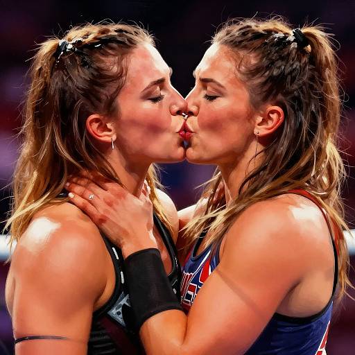 Photograph of two athletic women with brown hair in ponytails, kissing passionately in a wrestling match. Both wear sleeveless wrestling uniforms and black wristbands