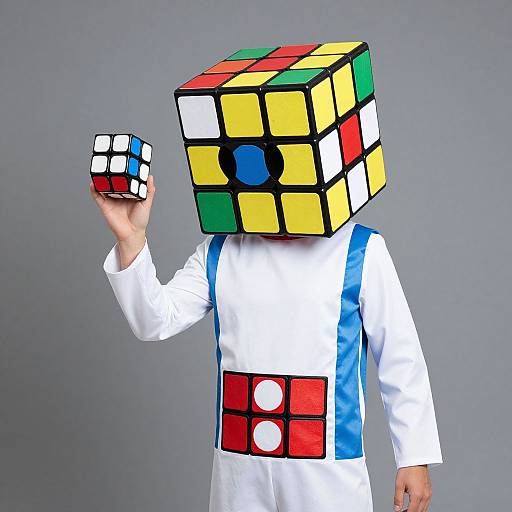 Photograph of a person wearing a giant Rubik's Cube head, white shirt with blue and red squares, holding a smaller cube in their right hand