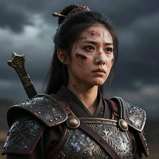 Photorealistic CGI of an Asian warrior woman with blood-streaked face, dark hair in a bun, wearing detailed, metallic armor against a storm