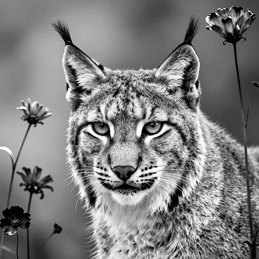 Black-and-white photograph of a lynx with intense eyes, tufted ears, and striped fur, surrounded by blurred flowers in the background.