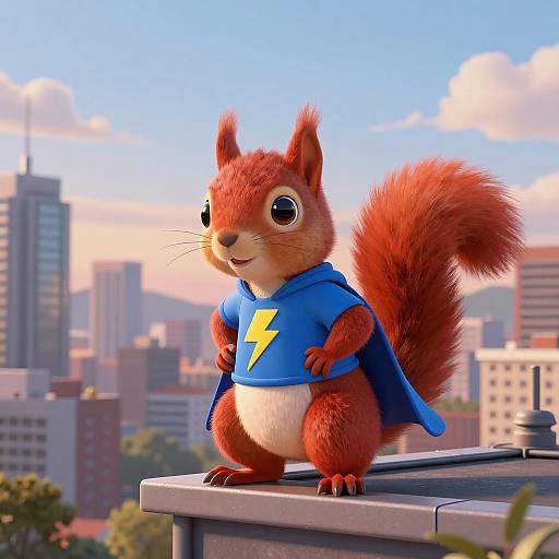 Superhero Red Squirrel Overlooking City