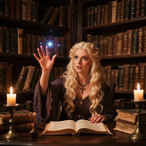 Blonde Witch Casting Spell in Ancient Library
