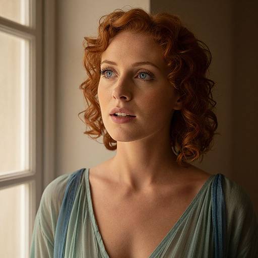 Photograph of a fair-skinned, red-haired woman with curly hair, blue eyes, and greenish-blue sheer dress, gazing thoughtfully at