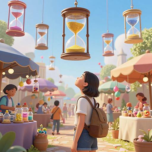 Digital art of a market street with hanging hourglasses, colorful stalls, and children, focusing on a girl with a brown backpack.