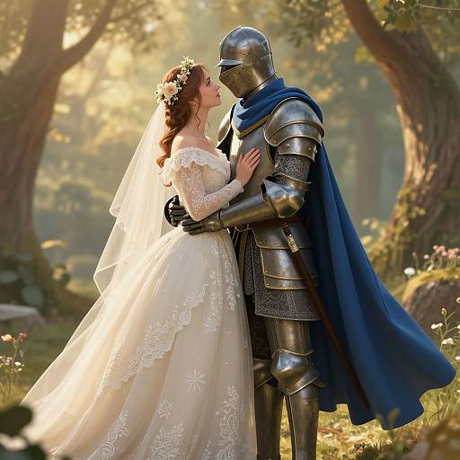 Photograph of a bride in a white lace wedding dress and knight in silver armor with blue cape, kissing in a sunlit forest.