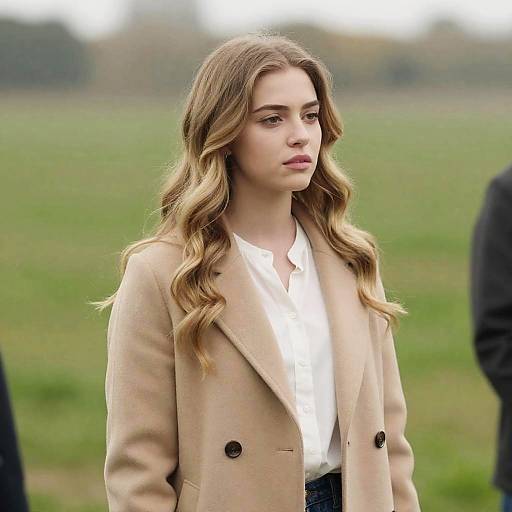 Photograph of a young woman with wavy blonde hair, wearing a beige coat over a white shirt, standing in a green field. Blurred background