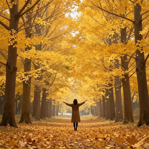 Photograph of a person with arms outstretched, standing in a sunlit autumn forest, surrounded by vibrant yellow leaves and tall trees.