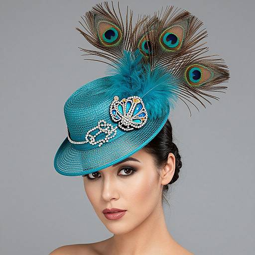Photograph of a woman with fair skin, dark hair in an updo, wearing a turquoise peacock feather hat adorned with silver embellishments, against