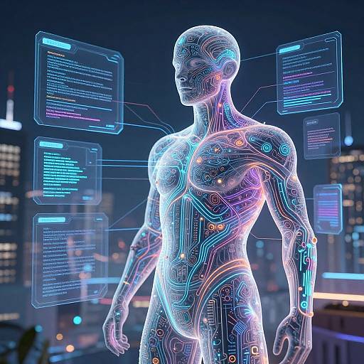 Digital CGI of a glowing, neon-wired humanoid figure with futuristic cityscape background, featuring holographic blue and pink data screens. Cybernetic,