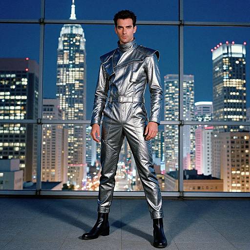 Photograph of a man in a shiny silver leather jumpsuit and black boots, standing confidently in a high-rise window overlooking a brightly lit city skyline at