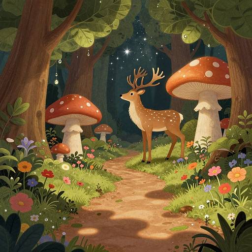 Whimsical forest scene: glowing mushrooms, vibrant flowers, deer with antlers, starry night sky, illuminated pathway, surrounded by trees. Digital