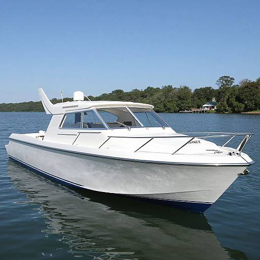 Photograph of a white, modern speedboat with a canopy, floating on calm blue water, with a tree-lined shore in the background under a clear