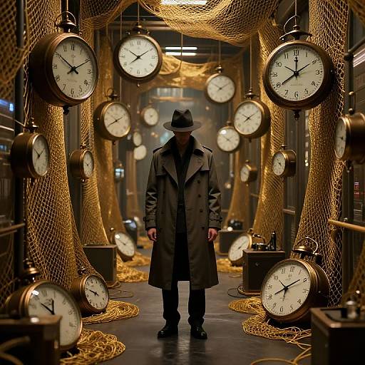 Photograph of a man in a dark trench coat and hat standing in a dimly lit hallway filled with hanging clocks and golden nets.