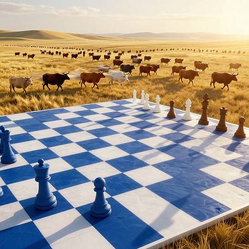 Photograph: Chessboard with black and white pieces in a sunlit grassy field, herd of cows grazing in the background.