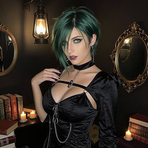 Photograph-style digital art of a green-haired woman with pale skin, black choker, and gothic dress, surrounded by candles, books, and