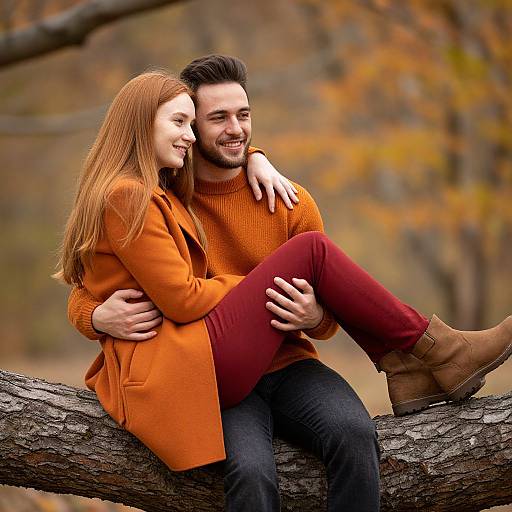 Photograph of a smiling couple in autumn attire, sitting on a tree branch; woman in orange coat and red pants, man in orange sweater, both