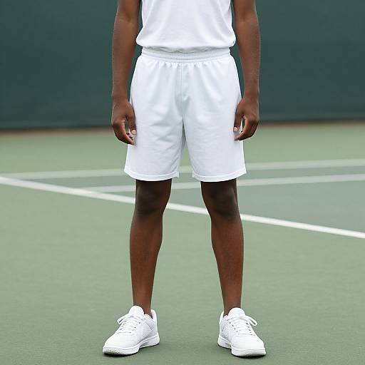 Photograph of a muscular, dark-skinned male tennis player from the waist down, wearing a white shirt, shorts, and sneakers, standing on a