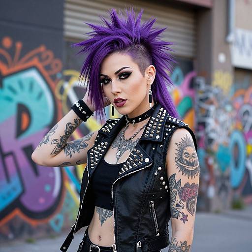 Photograph of a punk woman with purple mohawk, black leather vest, tattoos, and dark makeup, standing in a colorful graffiti-laden urban background
