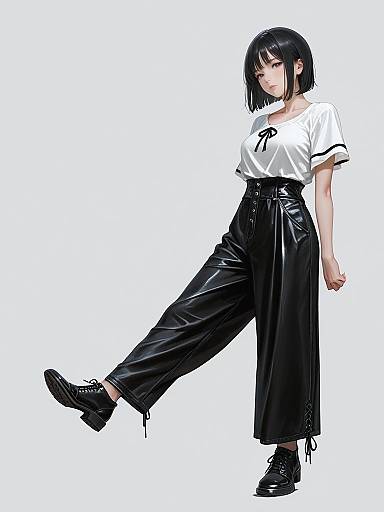 Digital anime-style drawing of a black-haired woman in a white shirt, black high-waisted pants, and black boots, standing against a white background