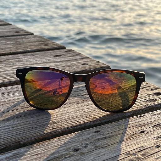 Photograph of tortoiseshell sunglasses with reflective orange lenses, resting on a weathered wooden dock beside a sunlit, rippling lake.
