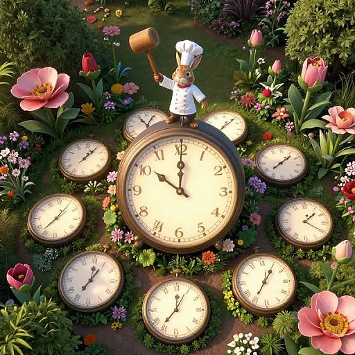 Whimsical Clock Garden with Rabbit Chef