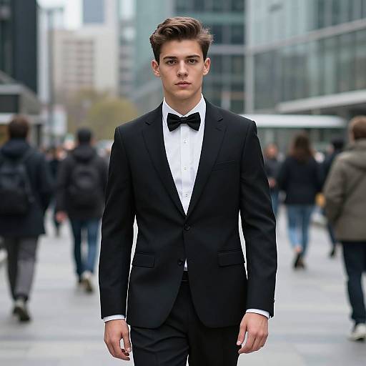 Photograph of a young, handsome Caucasian man with short brown hair, wearing a black tuxedo with a white shirt and black bow tie, walking