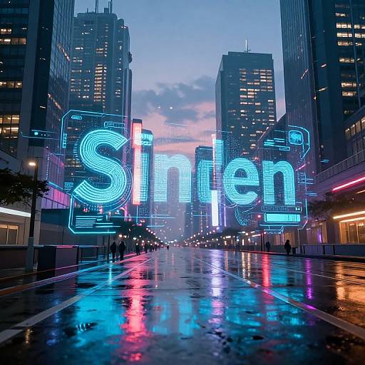 Photograph of a neon-lit urban street at dusk, featuring large, glowing blue 