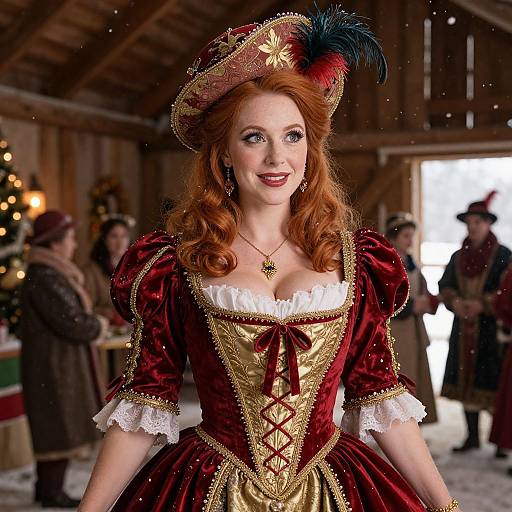 Photograph of a red-haired woman in a Victorian-style red and gold dress with white lace, feathered hat, indoors at a festive event.