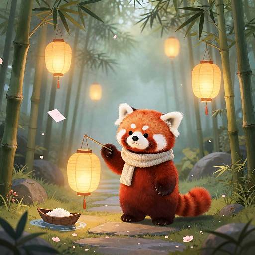 Whimsical Red Panda with Lantern in Bamboo Grove