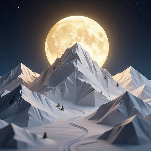Digital artwork of a snow-covered mountain range under a glowing, full moon in a starry night sky, with a winding path through the peaks.